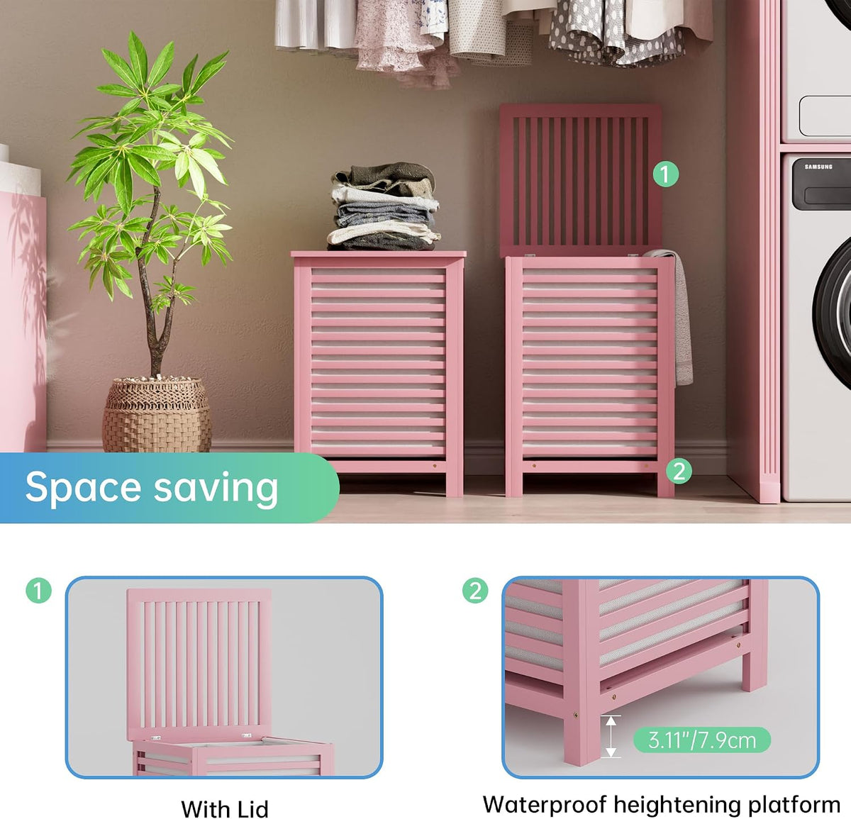 Double Laundry Hamper with Lid, 120L Bamboo Laundry Basket with Removable Liner Bag, 2-Section Clothes Divider Laundry Sorter for Laundry Room, Bathroom, Bedroom (Pink)