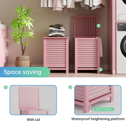 Double Laundry Hamper with Lid, 120L Bamboo Laundry Basket with Removable Liner Bag, 2-Section Clothes Divider Laundry Sorter for Laundry Room, Bathroom, Bedroom (Pink)