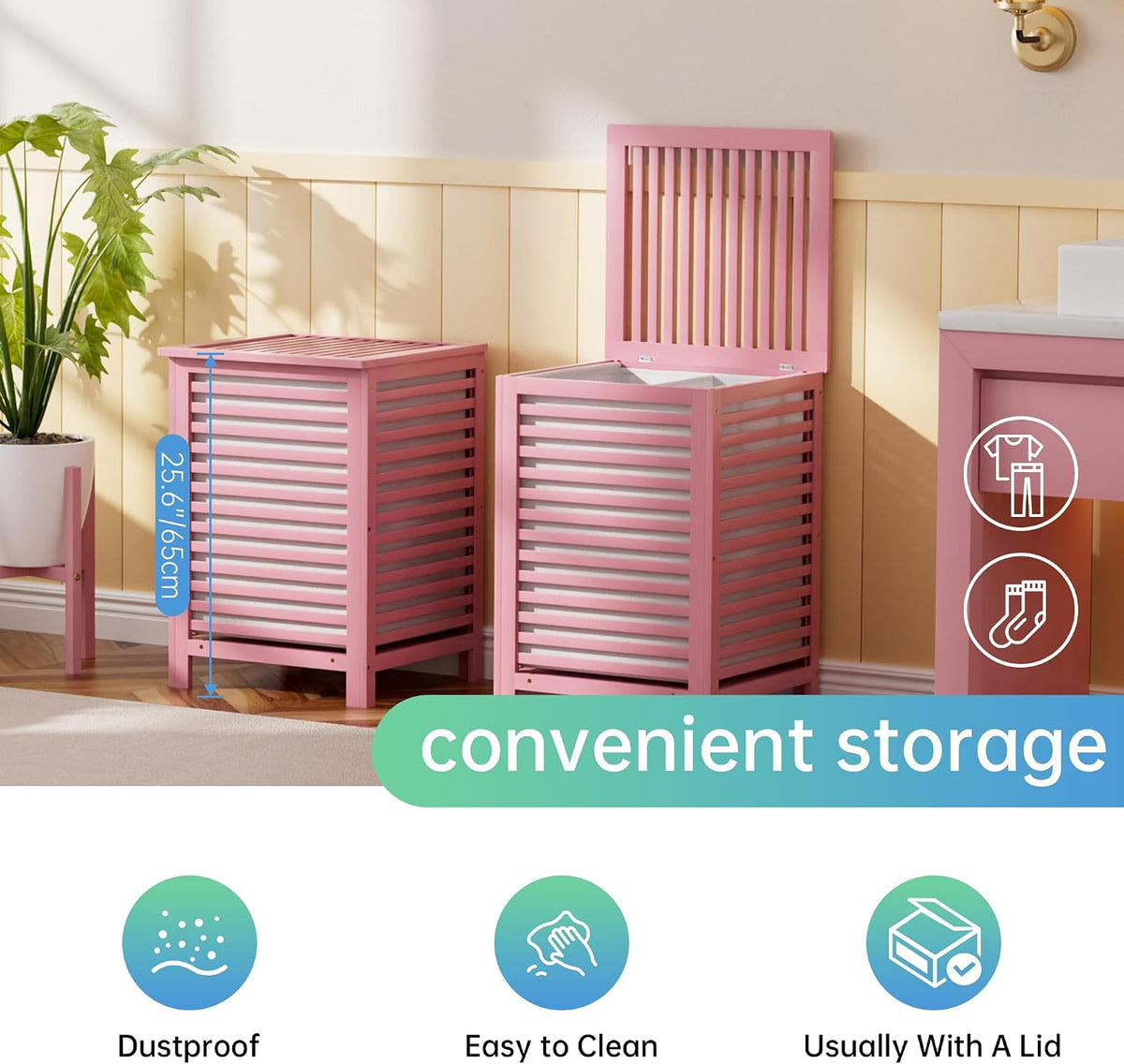 Double Laundry Hamper with Lid, 120L Bamboo Laundry Basket with Removable Liner Bag, 2-Section Clothes Divider Laundry Sorter for Laundry Room, Bathroom, Bedroom (Pink)