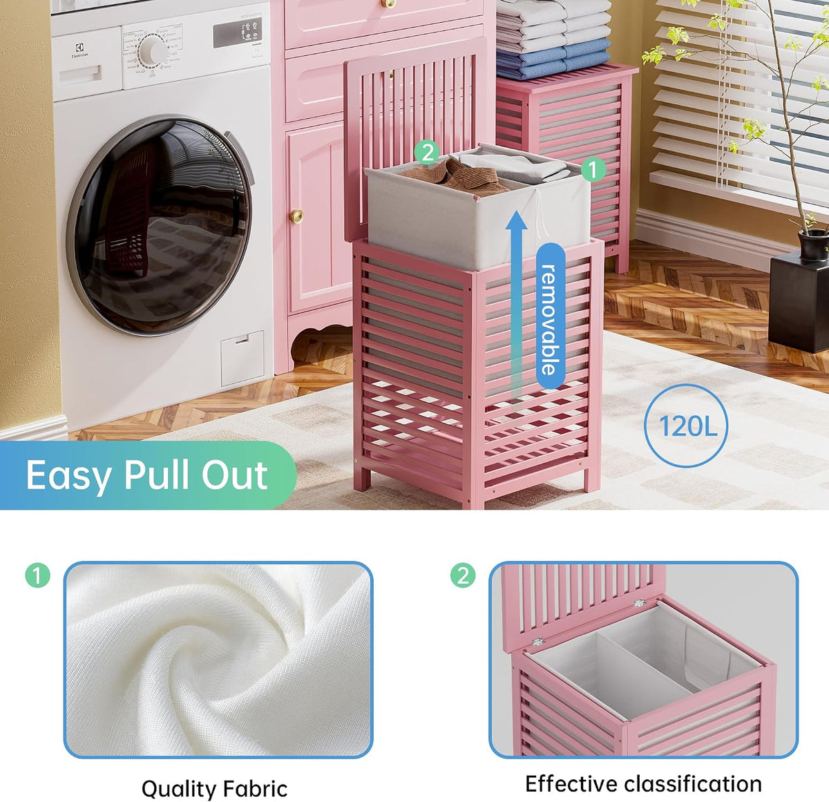 Double Laundry Hamper with Lid, 120L Bamboo Laundry Basket with Removable Liner Bag, 2-Section Clothes Divider Laundry Sorter for Laundry Room, Bathroom, Bedroom (Pink)