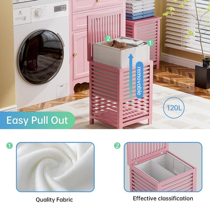 Double Laundry Hamper with Lid, 120L Bamboo Laundry Basket with Removable Liner Bag, 2-Section Clothes Divider Laundry Sorter for Laundry Room, Bathroom, Bedroom (Pink)