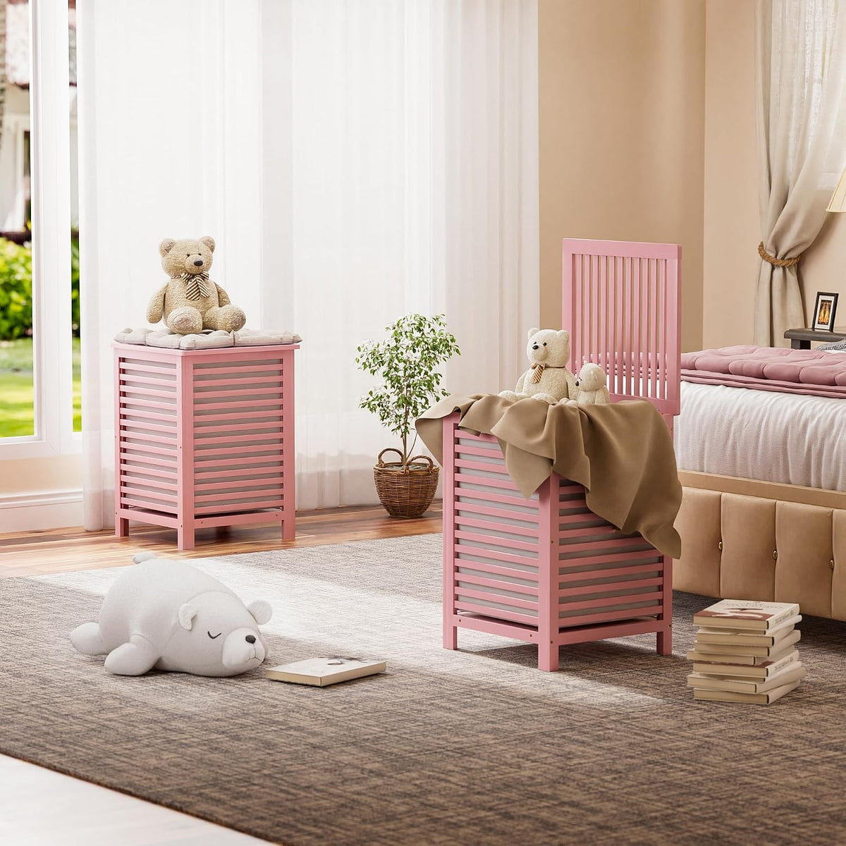 Double Laundry Hamper with Lid, 120L Bamboo Laundry Basket with Removable Liner Bag, 2-Section Clothes Divider Laundry Sorter for Laundry Room, Bathroom, Bedroom (Pink)