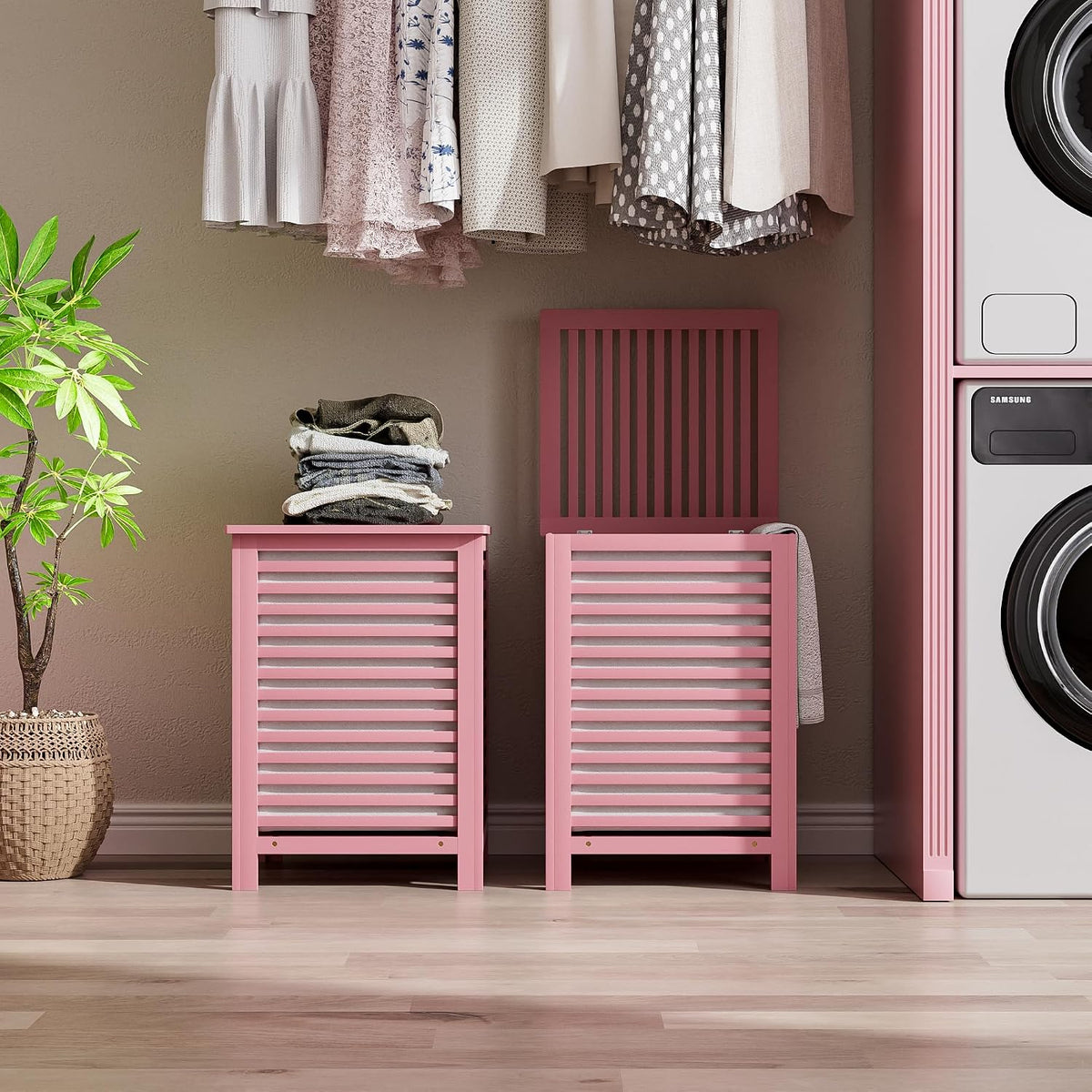 Double Laundry Hamper with Lid, 120L Bamboo Laundry Basket with Removable Liner Bag, 2-Section Clothes Divider Laundry Sorter for Laundry Room, Bathroom, Bedroom (Pink)