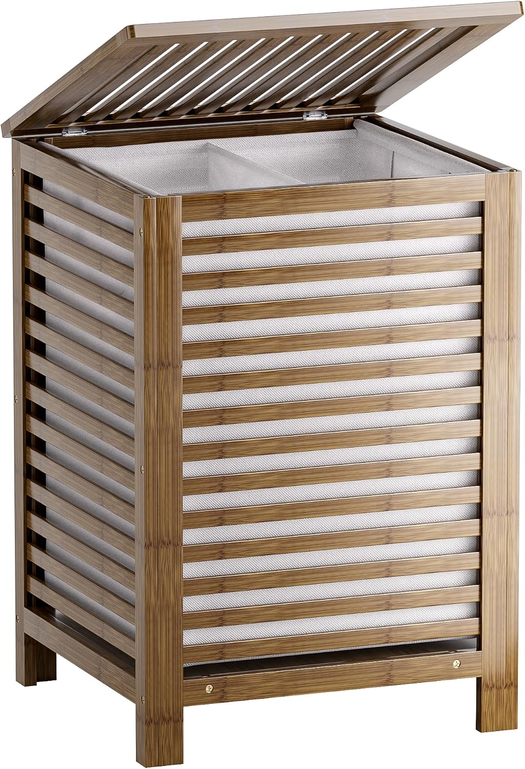 Double Laundry Hamper with Lid, 120L Bamboo Laundry Basket with Removable Liner Bag, 2-Section Clothes Divider Laundry Sorter for Laundry Room, Bathroom, Bedroom (Pink)