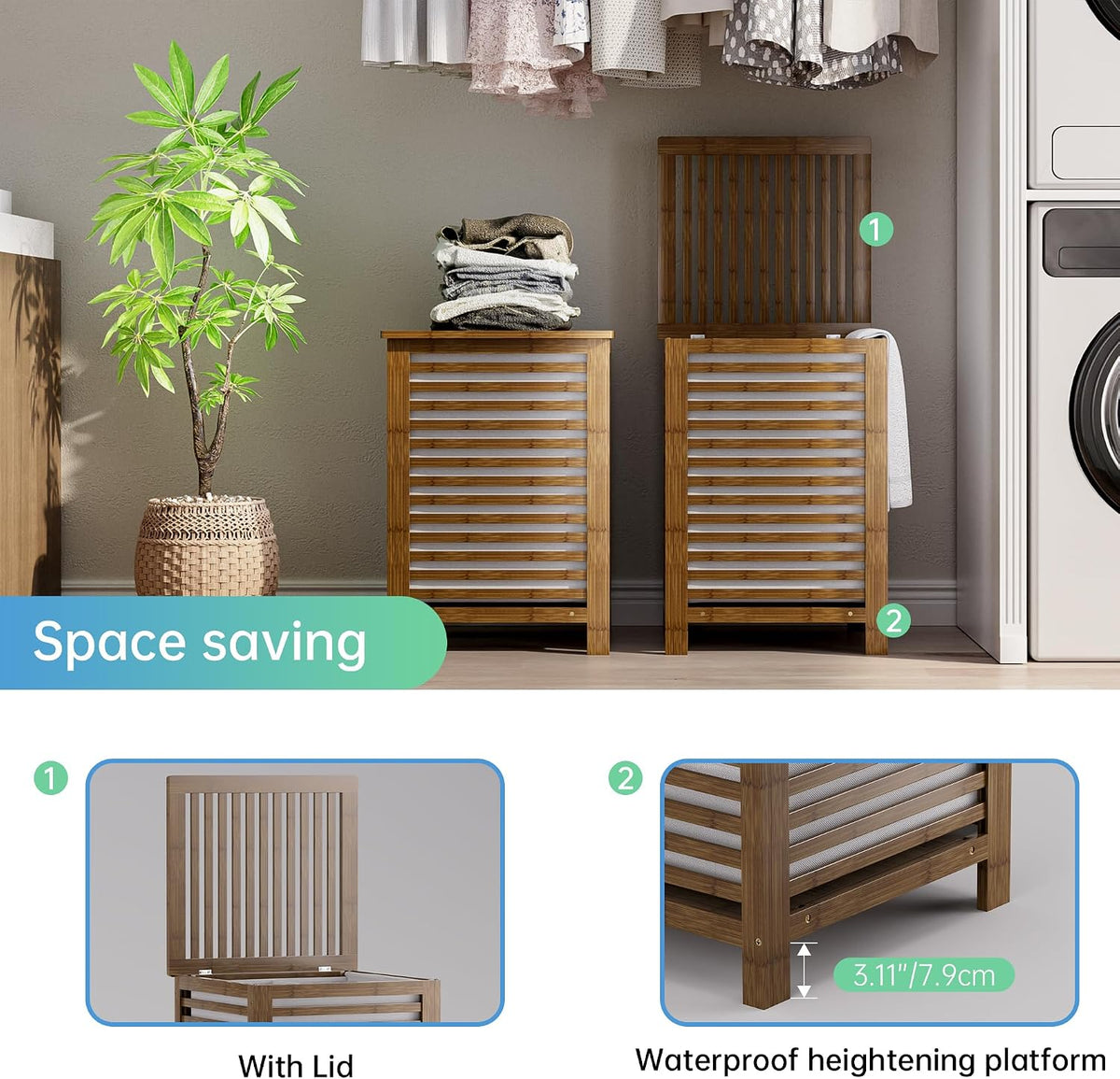 Double Laundry Hamper with Lid, 120L Bamboo Laundry Basket with Removable Liner Bag, 2-Section Clothes Divider Laundry Sorter for Laundry Room, Bathroom, Bedroom (Pink)