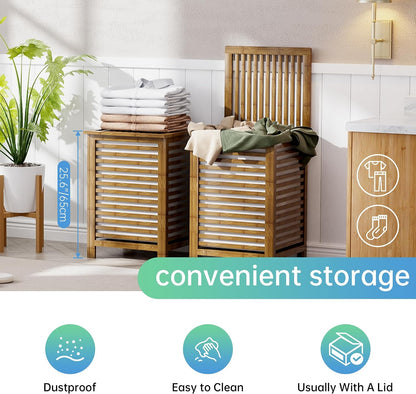 Double Laundry Hamper with Lid, 120L Bamboo Laundry Basket with Removable Liner Bag, 2-Section Clothes Divider Laundry Sorter for Laundry Room, Bathroom, Bedroom (Pink)