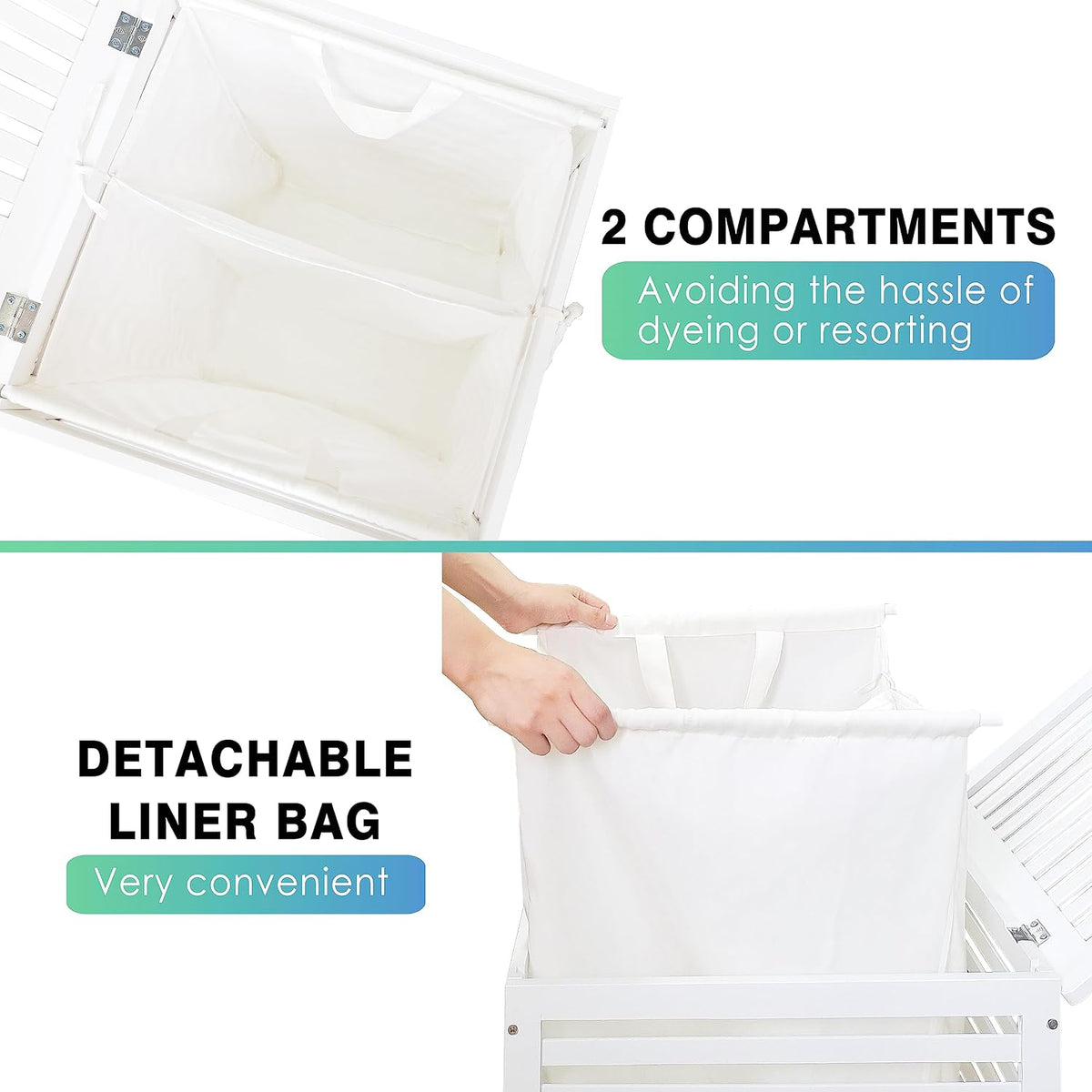 Double Laundry Hamper with Lid, 120L Bamboo Laundry Basket with Removable Liner Bag, 2-Section Clothes Divider Laundry Sorter for Laundry Room, Bathroom, Bedroom (Pink)