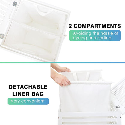 Double Laundry Hamper with Lid, 120L Bamboo Laundry Basket with Removable Liner Bag, 2-Section Clothes Divider Laundry Sorter for Laundry Room, Bathroom, Bedroom (Pink)