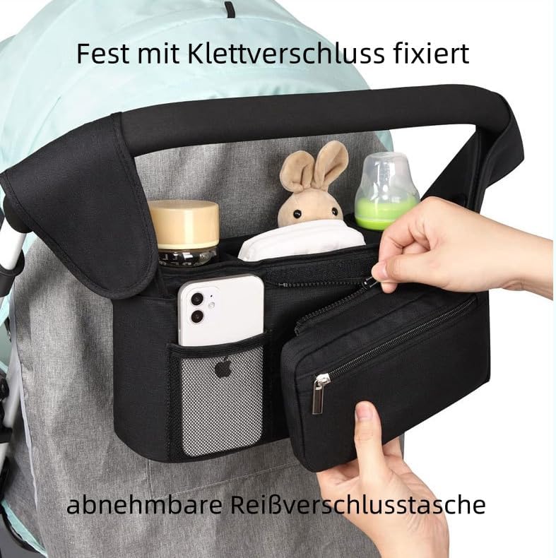 Universal Organiser with Insulated Cup Holder - Practical Buggy Carry Bag with Zip Pocket, Shoulder Strap and Storage Space for Smartphone, Bottle and Accessories (Blue)