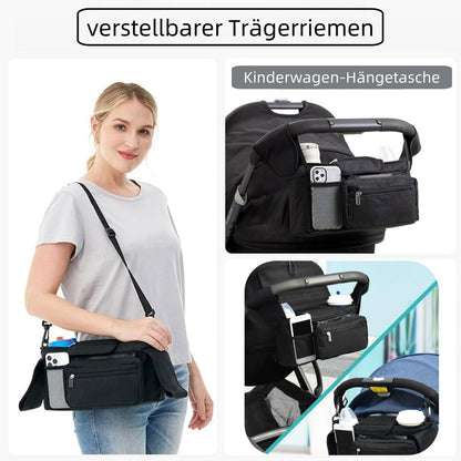 Universal Organiser with Insulated Cup Holder - Practical Buggy Carry Bag with Zip Pocket, Shoulder Strap and Storage Space for Smartphone, Bottle and Accessories (Blue)