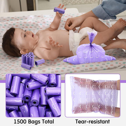 1500 Count Diaper Disposable Bags for Baby Diaper Sacks Baby Powder Scent Disposal or Pet Waste Bags, 100 Rolls(Purple)