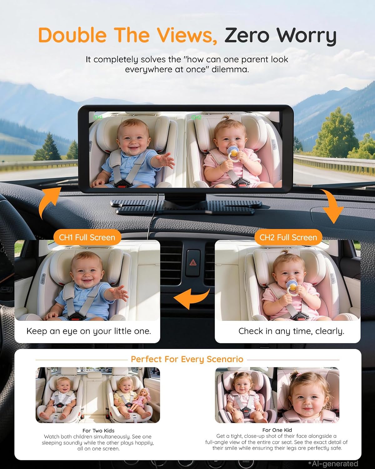 BM5PRO Dual Baby Car Camera, 7.2" 1080P Monitor