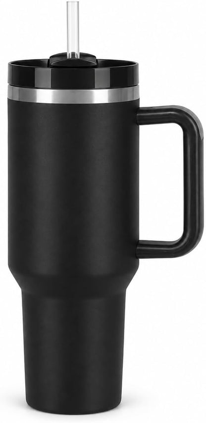 40 oz Tumbler with Handle and Straw, Vacuum Insulated Stainless Steel Travel Mug, Leak-Resistant Flip Lid, Matte Black