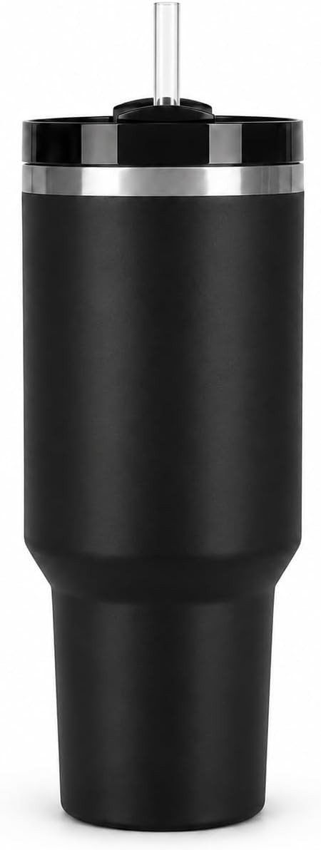 40 oz Tumbler with Handle and Straw, Vacuum Insulated Stainless Steel Travel Mug, Leak-Resistant Flip Lid, Matte Black