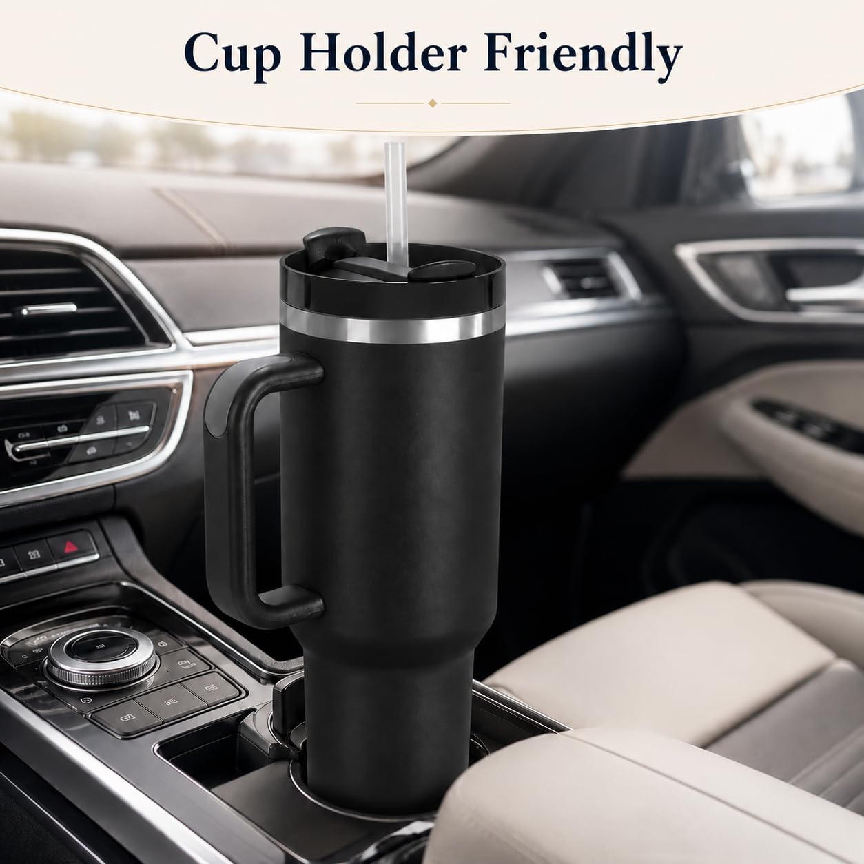 40 oz Tumbler with Handle and Straw, Vacuum Insulated Stainless Steel Travel Mug, Leak-Resistant Flip Lid, Matte Black