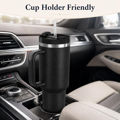 40 oz Tumbler with Handle and Straw, Vacuum Insulated Stainless Steel Travel Mug, Leak-Resistant Flip Lid, Matte Black