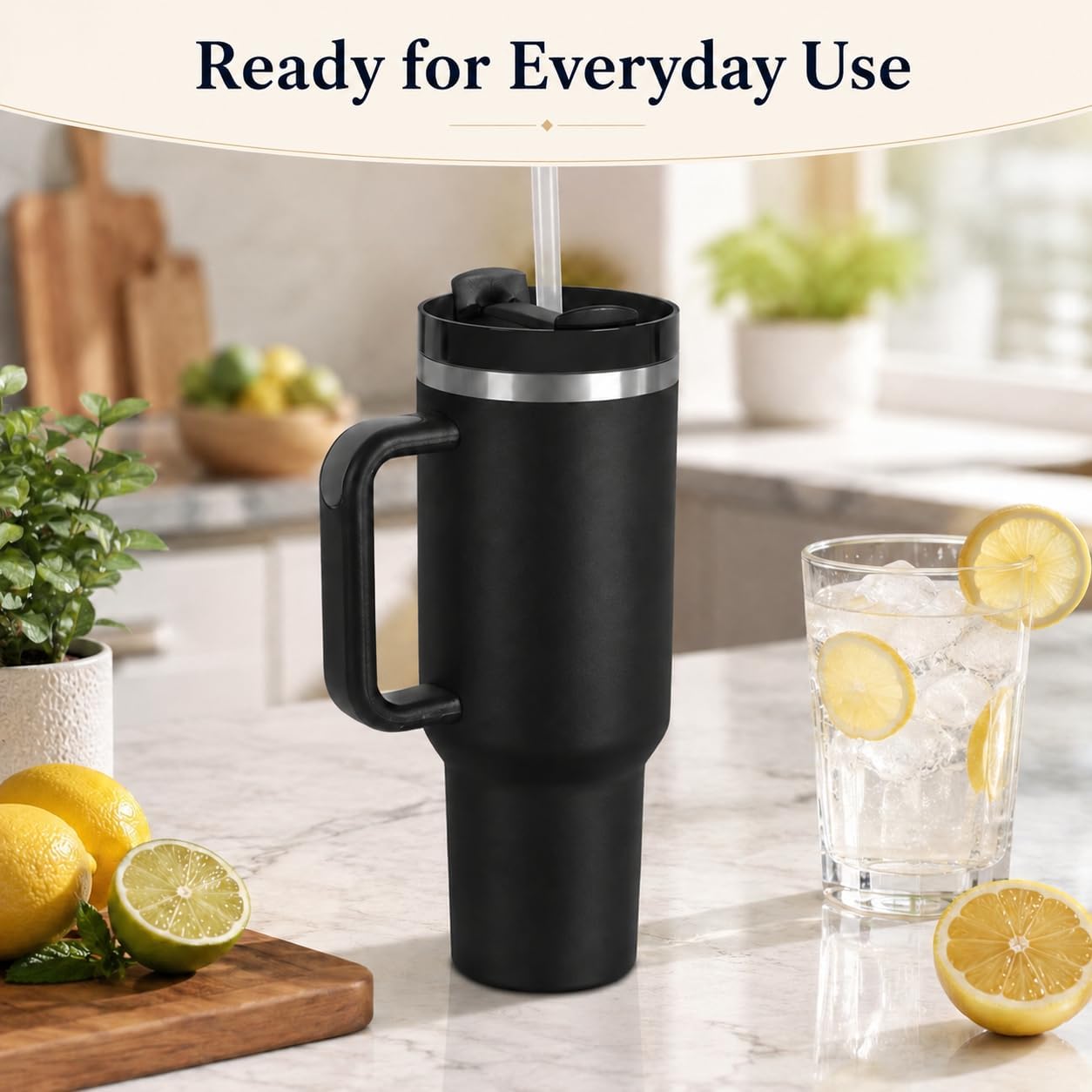 40 oz Tumbler with Handle and Straw, Vacuum Insulated Stainless Steel Travel Mug, Leak-Resistant Flip Lid, Matte Black