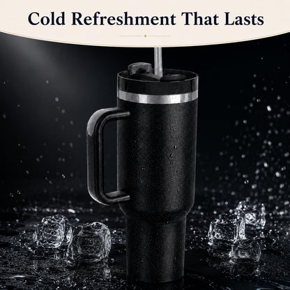 40 oz Tumbler with Handle and Straw, Vacuum Insulated Stainless Steel Travel Mug, Leak-Resistant Flip Lid, Matte Black