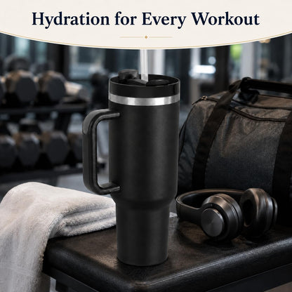 40 oz Tumbler with Handle and Straw, Vacuum Insulated Stainless Steel Travel Mug, Leak-Resistant Flip Lid, Matte Black