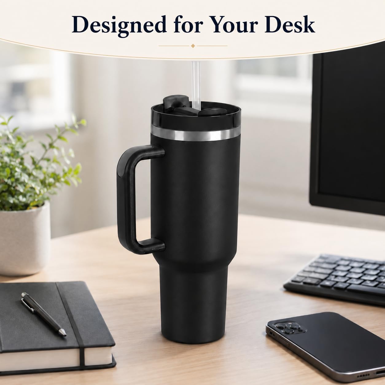 40 oz Tumbler with Handle and Straw, Vacuum Insulated Stainless Steel Travel Mug, Leak-Resistant Flip Lid, Matte Black