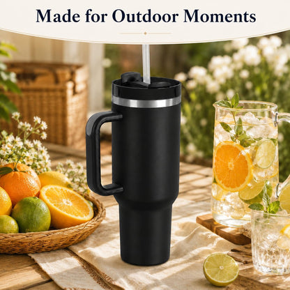 40 oz Tumbler with Handle and Straw, Vacuum Insulated Stainless Steel Travel Mug, Leak-Resistant Flip Lid, Matte Black