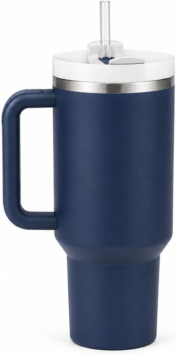 40 oz Tumbler with Handle and Straw, Vacuum Insulated Stainless Steel Travel Mug, Leak-Resistant Flip Lid, Matte Black