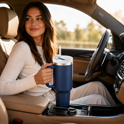 40 oz Tumbler with Handle and Straw, Vacuum Insulated Stainless Steel Travel Mug, Leak-Resistant Flip Lid, Matte Black