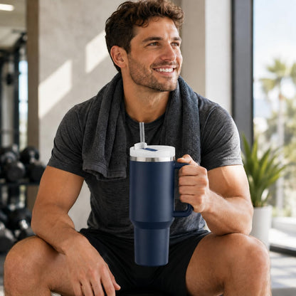 40 oz Tumbler with Handle and Straw, Vacuum Insulated Stainless Steel Travel Mug, Leak-Resistant Flip Lid, Matte Black