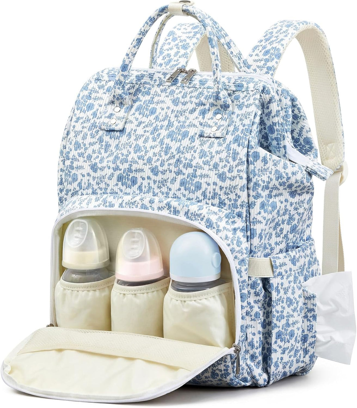 Diaper Bag Backpack Mom with Changing Pad, Light White, Floral