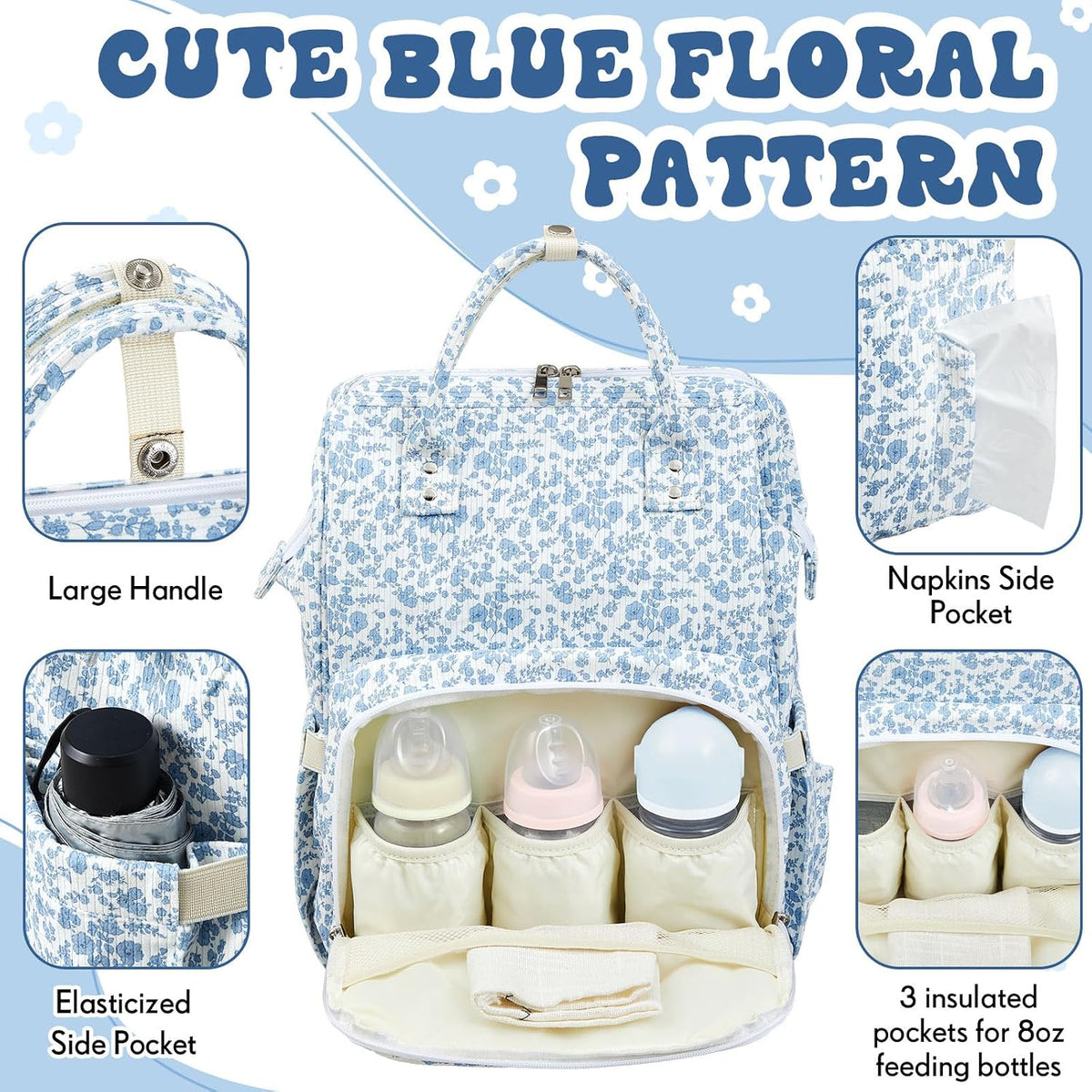Diaper Bag Backpack Mom with Changing Pad, Light White, Floral