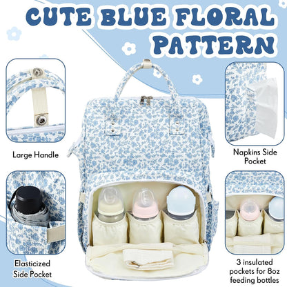 Diaper Bag Backpack Mom with Changing Pad, Light White, Floral