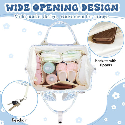 Diaper Bag Backpack Mom with Changing Pad, Light White, Floral