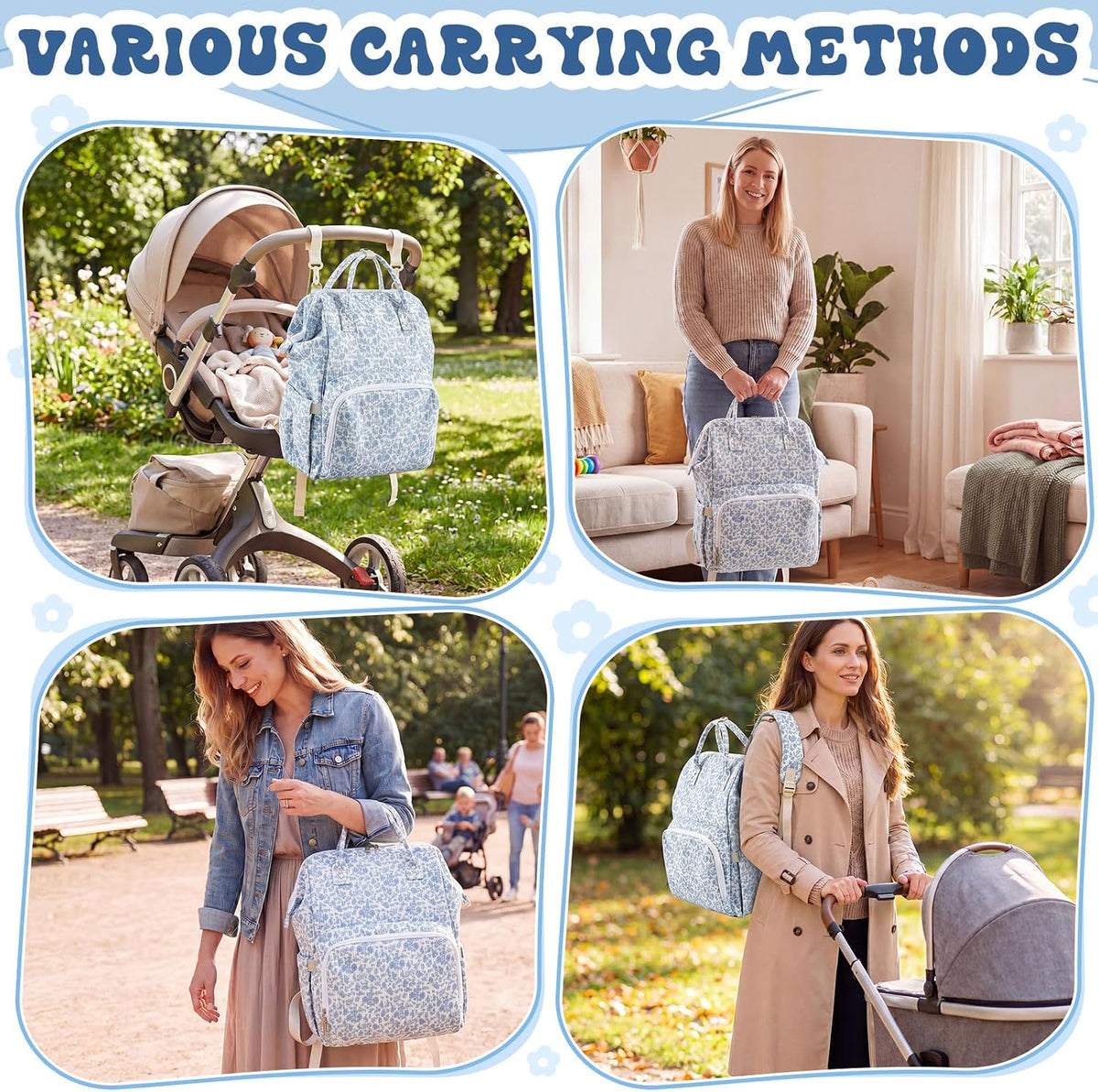 Diaper Bag Backpack Mom with Changing Pad, Light White, Floral