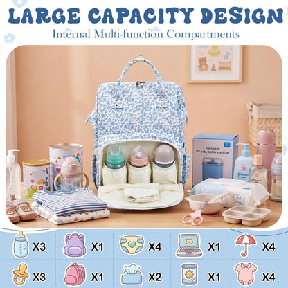 Diaper Bag Backpack Mom with Changing Pad, Light White, Floral