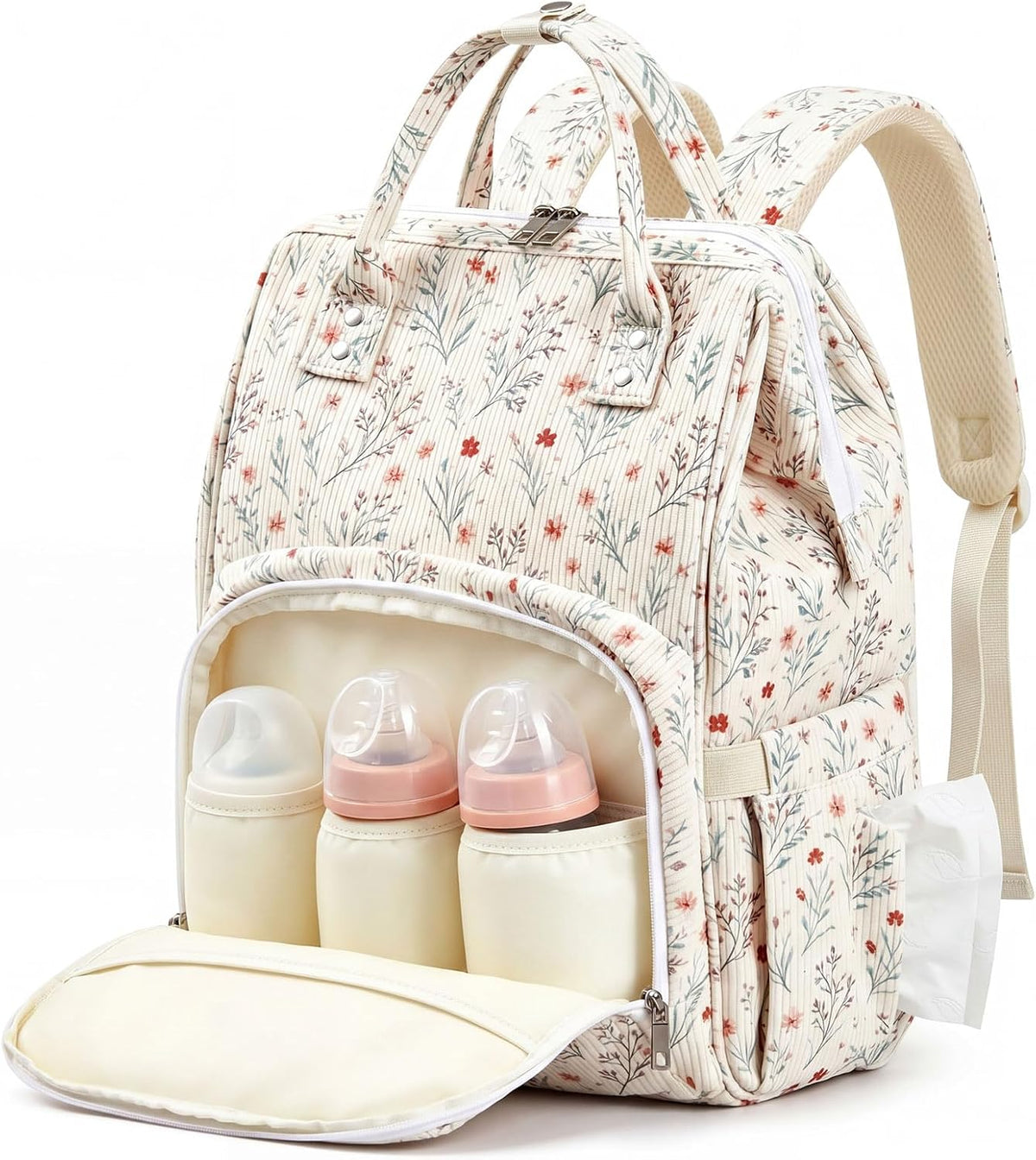 Diaper Bag Backpack Mom with Changing Pad, Light White, Floral