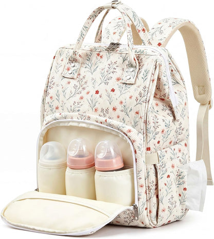 Diaper Bag Backpack Mom with Changing Pad, Light White, Floral