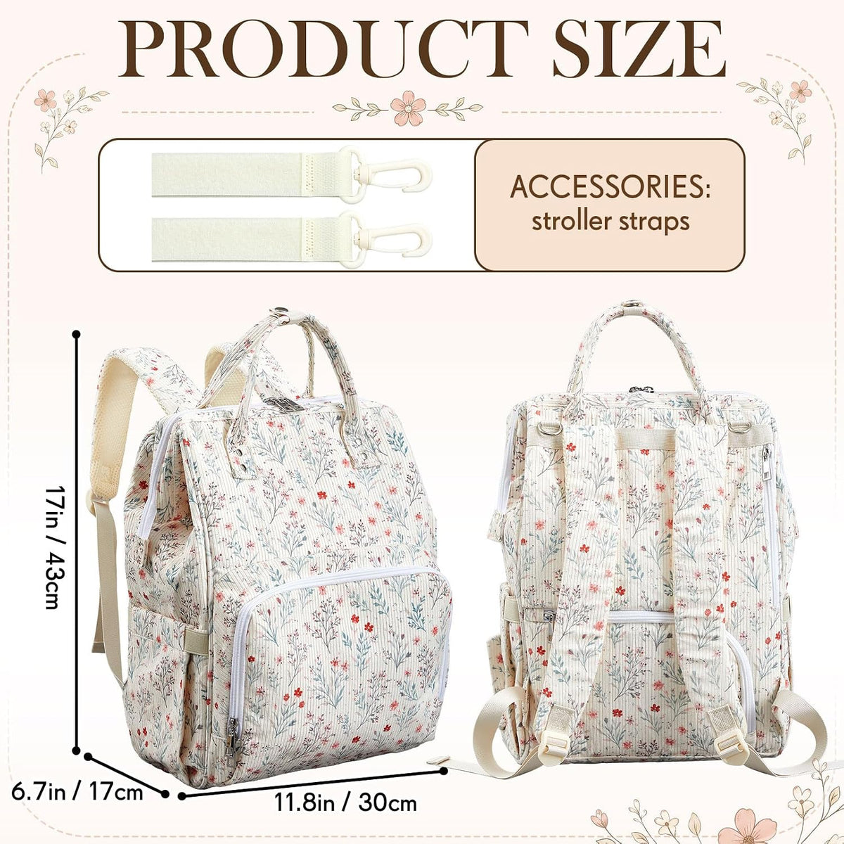 Diaper Bag Backpack Mom with Changing Pad, Light White, Floral
