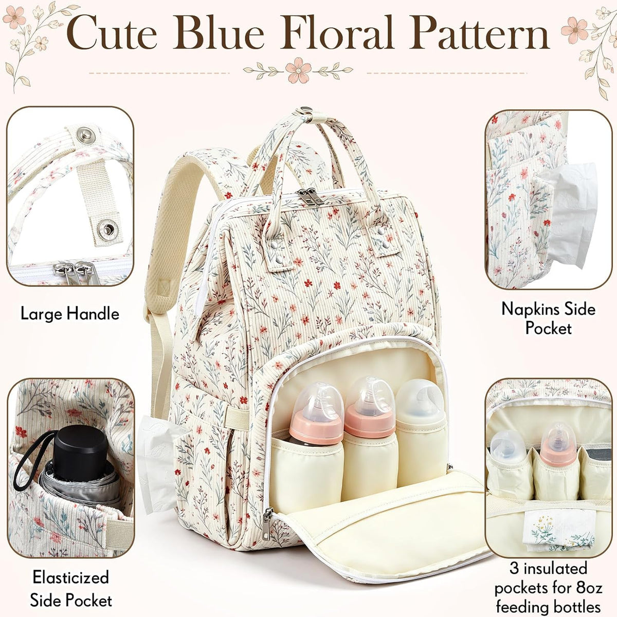 Diaper Bag Backpack Mom with Changing Pad, Light White, Floral