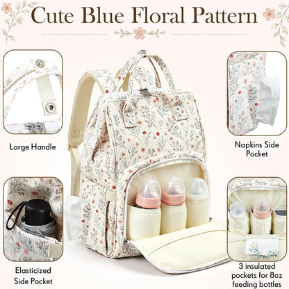 Diaper Bag Backpack Mom with Changing Pad, Light White, Floral