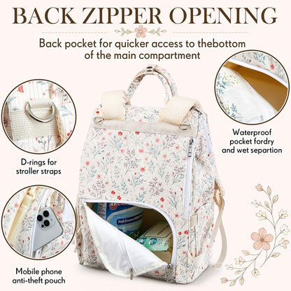 Diaper Bag Backpack Mom with Changing Pad, Light White, Floral