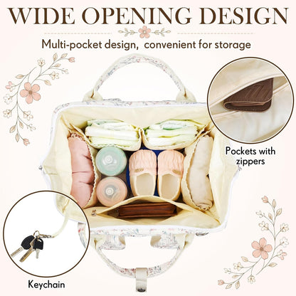 Diaper Bag Backpack Mom with Changing Pad, Light White, Floral