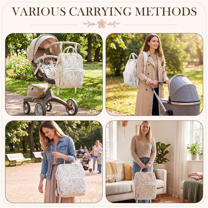 Diaper Bag Backpack Mom with Changing Pad, Light White, Floral