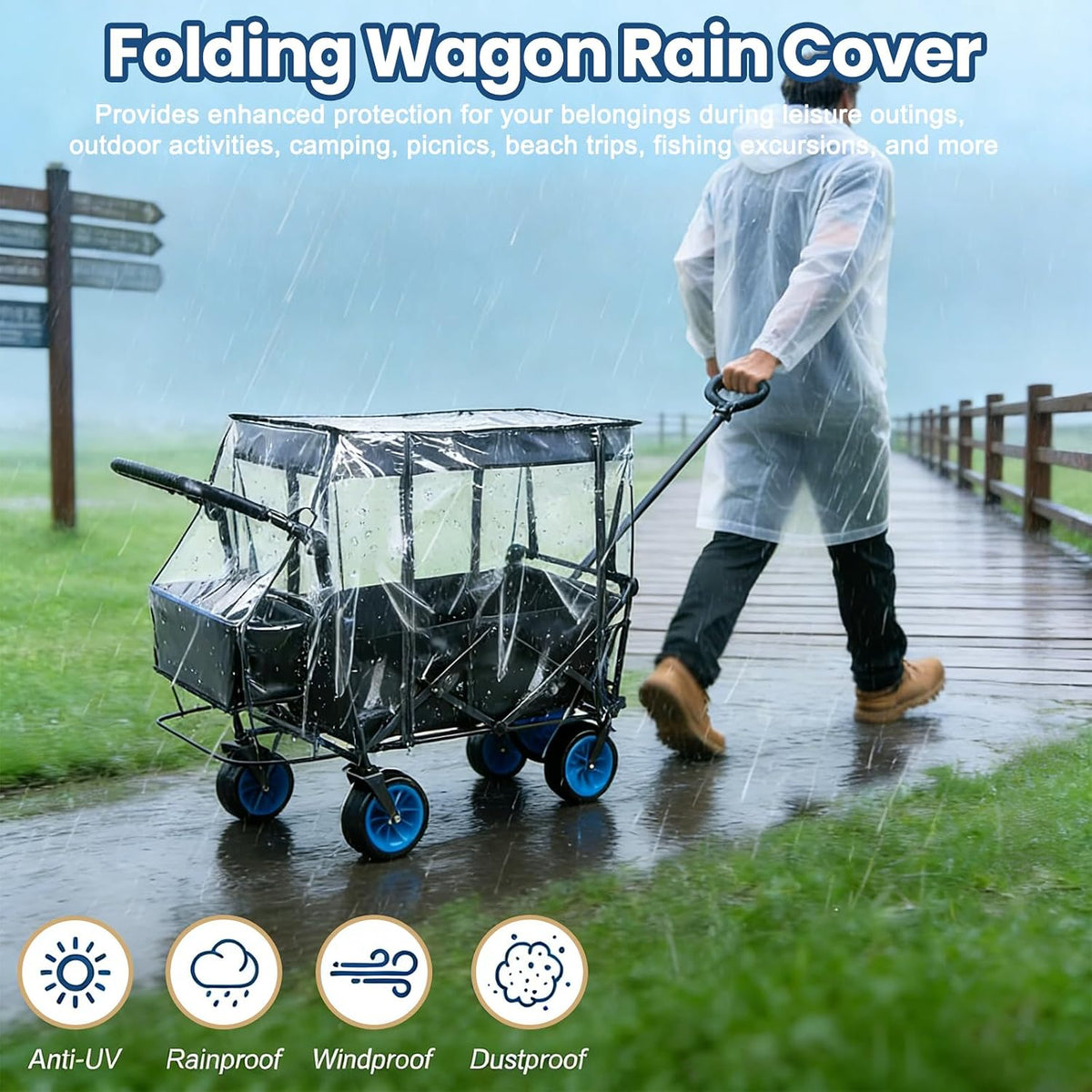 Rain Cover for Wagon Waterproof Canopy for Collapsible Folding Carts Strollers Wagon Cart Cover with Zippered Side Wagon Accessories for Camping Picnic Shopping Garden Outdoor (Transparency)