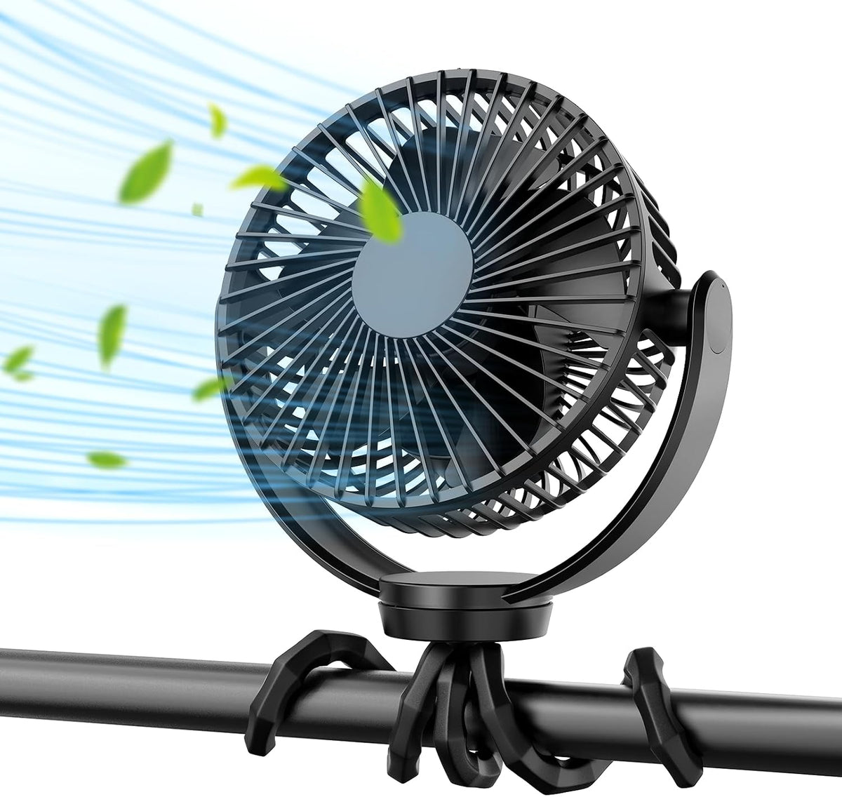 5000mAh Portable Stroller Fan - 3-Speed Battery Operated, Flexible Clip-on Tripod, 360° Rotate Flexible Tripod，USB Rechargeable Cooling for Bike, Treadmill, Travel & Car Seat