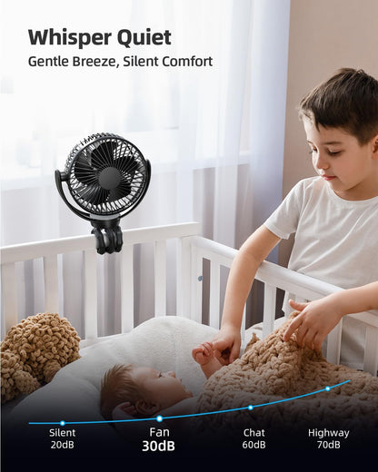 5000mAh Portable Stroller Fan - 3-Speed Battery Operated, Flexible Clip-on Tripod, 360° Rotate Flexible Tripod，USB Rechargeable Cooling for Bike, Treadmill, Travel & Car Seat