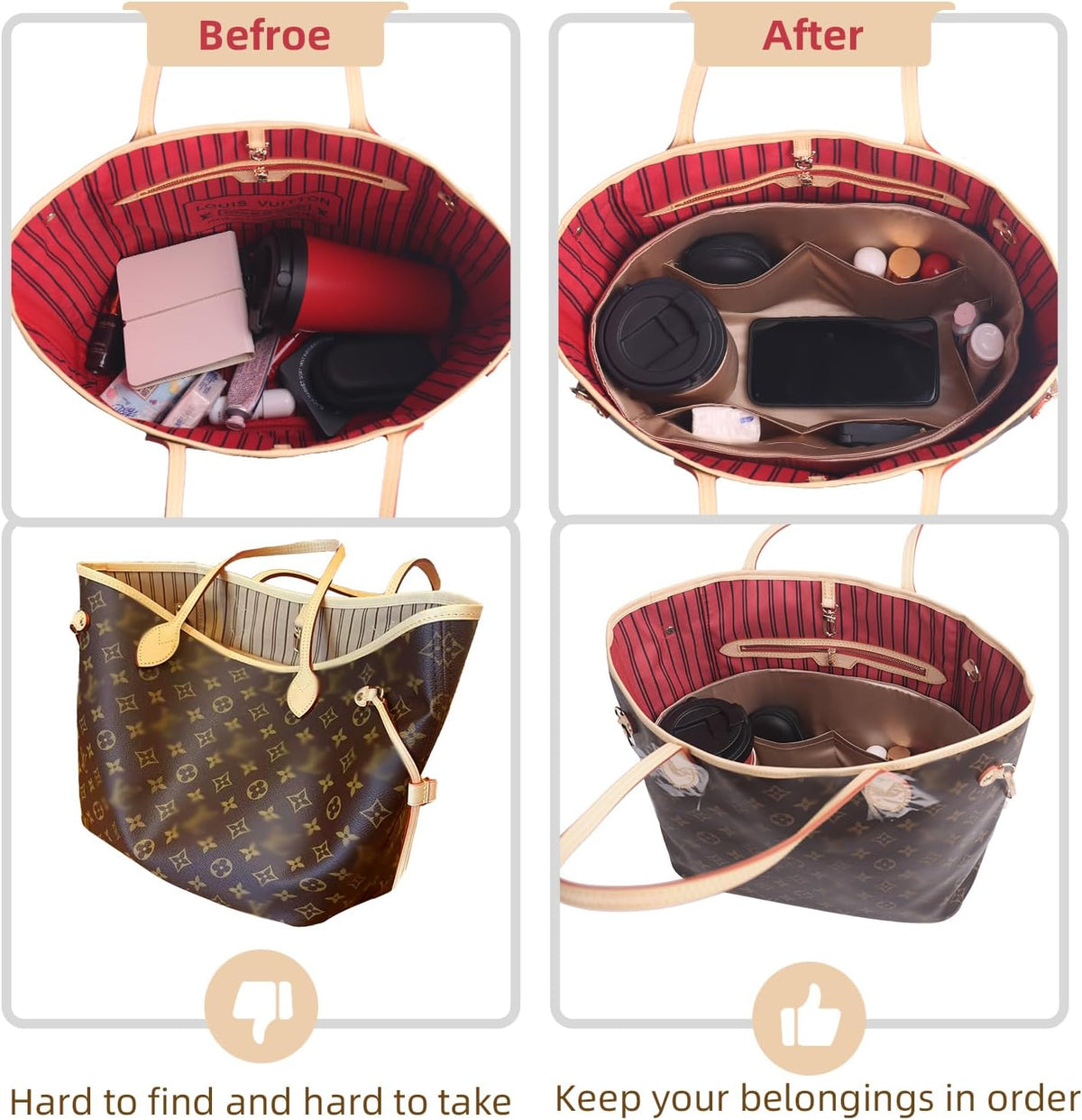 Purse Organizer Insert For Handbags, Tote Bag Organizer Insert, Silk Smooth Bag Organizer with Bottle Holder,Bag Organizer for Speedy,Neverfull,ONTHEGO,Artsy etc,4 Sizes