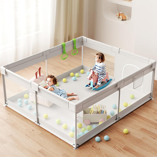 Extra Large Baby Playpen - Playpen for Babies and Toddlers, Play Pen with Gate, Play Yard Baby Fence Play Area Zone Indoor, Sturdy Kids Play Pin (Gray, 69×59in)