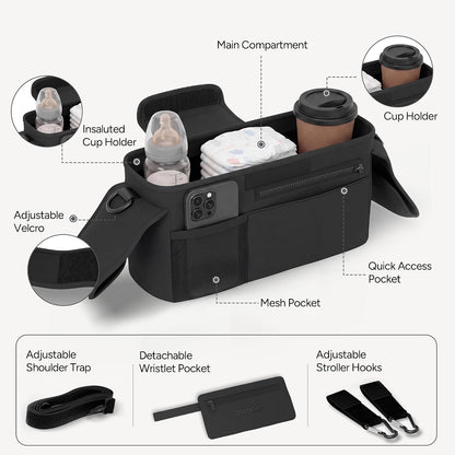 Universal Stroller Organizer Caddy with Insulated Cup Holder