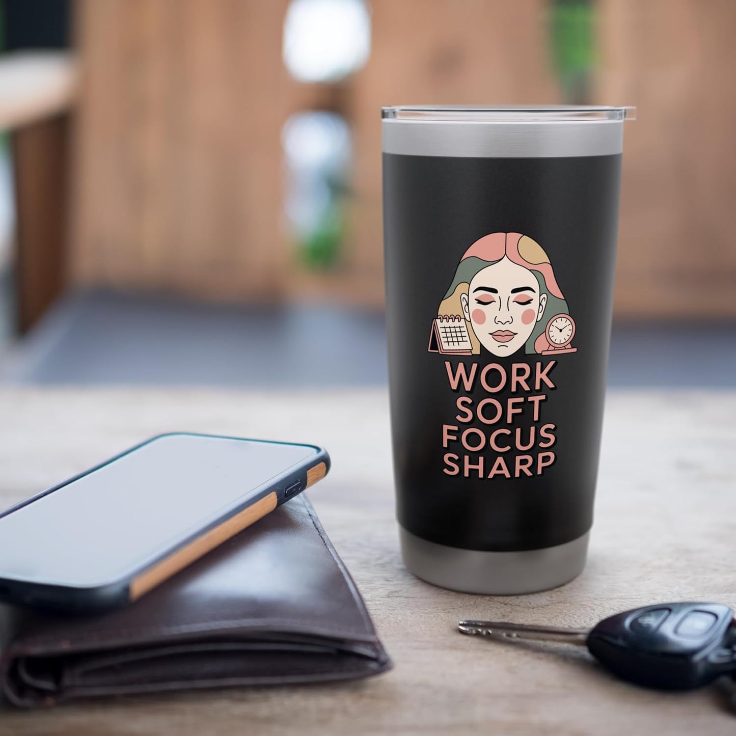 Work Soft Focus Sharp Mindful Productivity Mantra Stainless Steel Insulated Tumbler