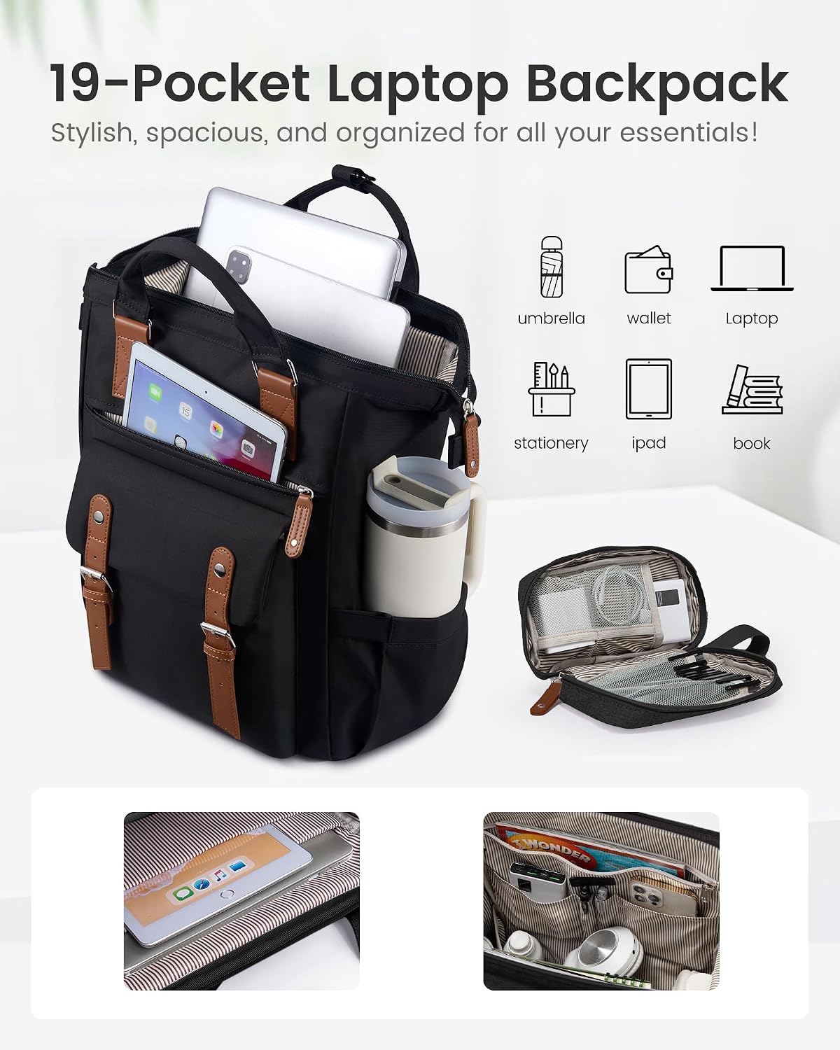Laptop Backpack for Women with Giant Tumbler Holder Pocket,15.6 inch Waterproof Travel Backpack Purse Computer Laptop Bag